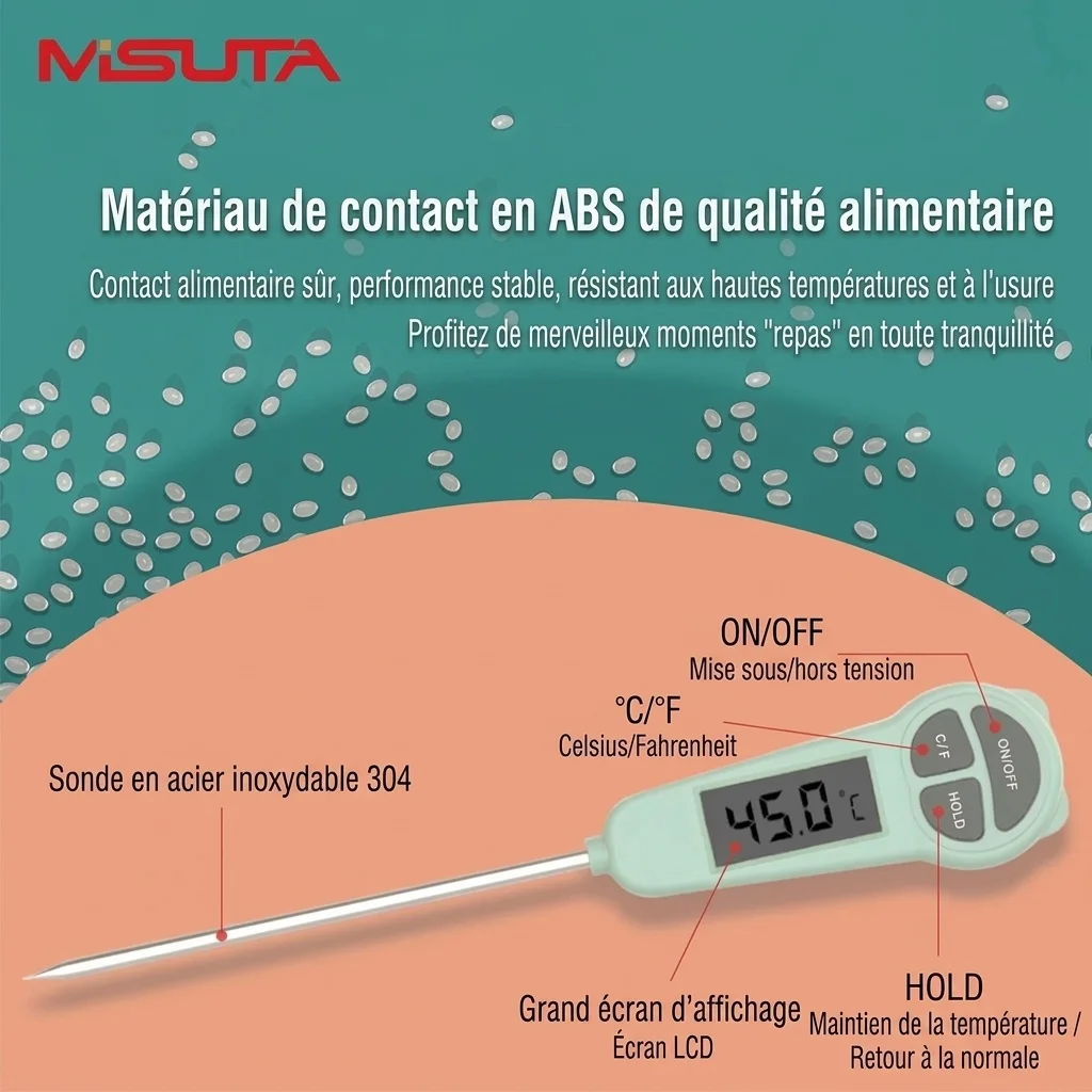 Thermomètre alimentaire numérique à lecture instantanée MISUTA, thermomètre de cuisson à réponse rapide pour la viande et le lait infantile avec sonde en acier inoxydable 304