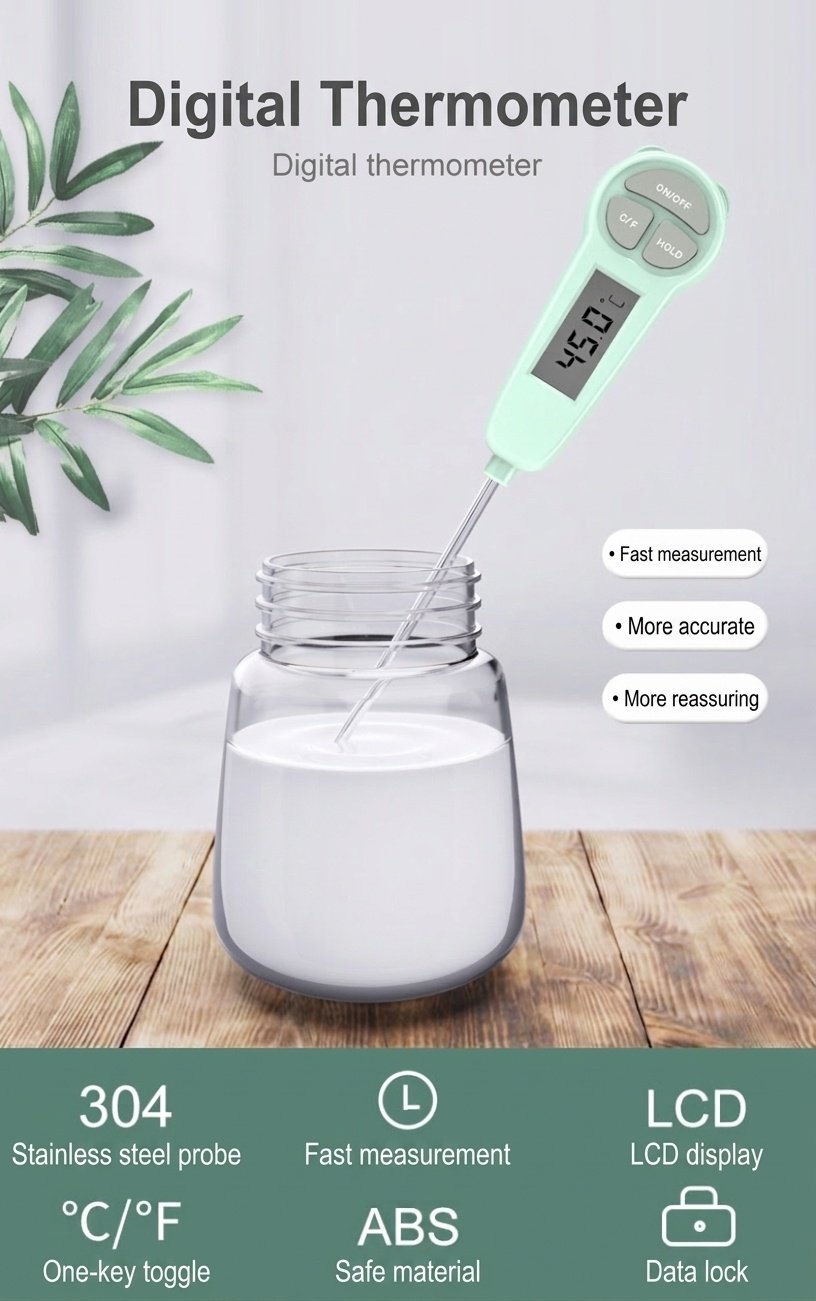 Termometro digitale per alimenti a lettura istantanea MISUTA, termometro rapido per carne e latte in polvere per neonati con sonda in acciaio inox 304.