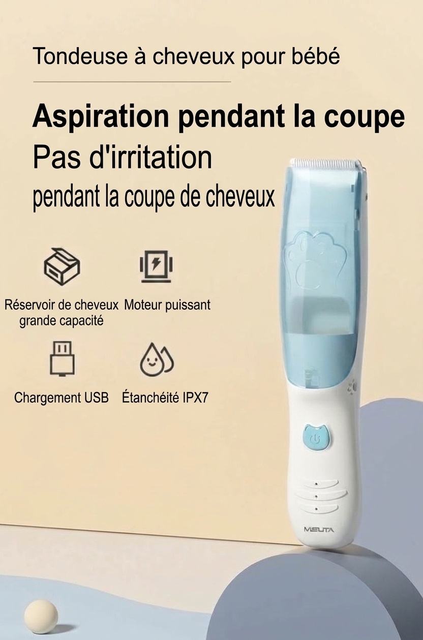 Tondeuse à cheveux pour bébé MISUTA Cute Cat à double moteur avec aspirateur intégré, silencieuse, étanche et sans fil, kit de toilettage pour nourrissons