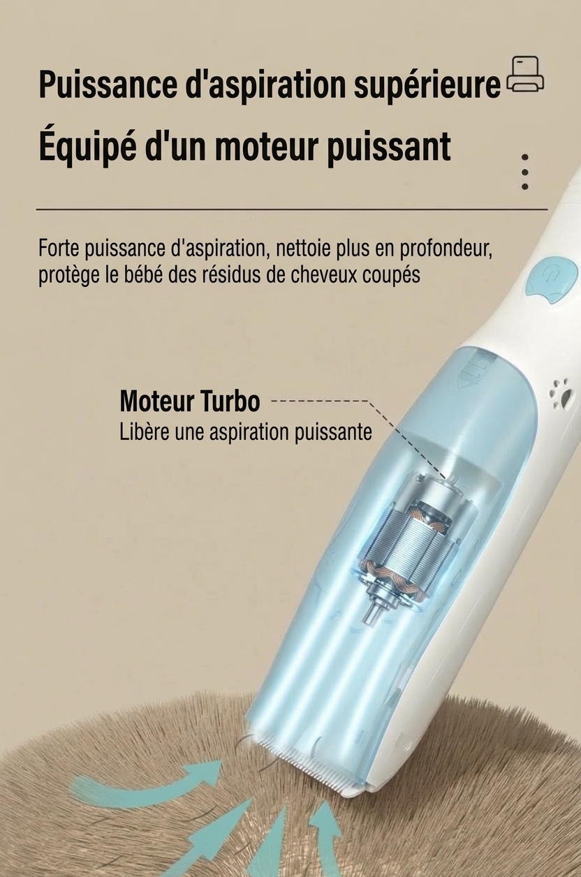 Tondeuse à cheveux pour bébé MISUTA Cute Cat à double moteur avec aspirateur intégré, silencieuse, étanche et sans fil, kit de toilettage pour nourrissons