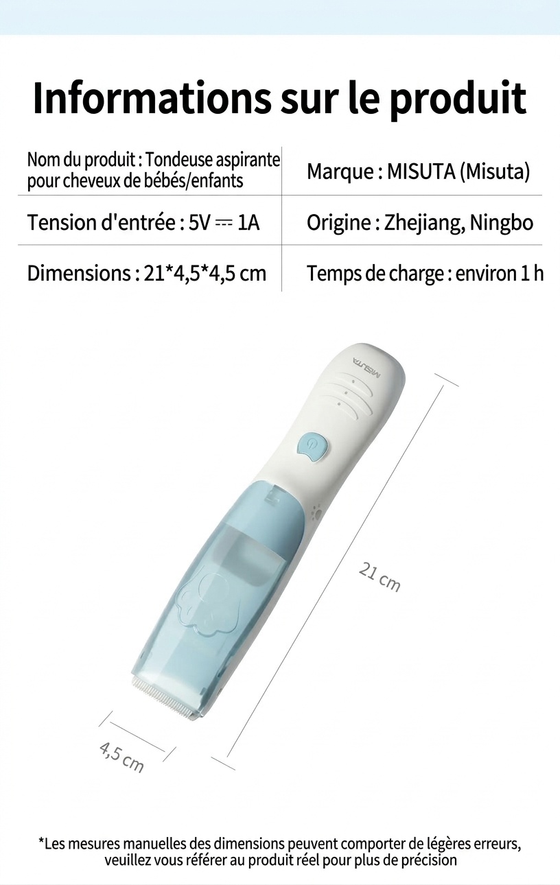 Tondeuse à cheveux pour bébé MISUTA Cute Cat à double moteur avec aspirateur intégré, silencieuse, étanche et sans fil, kit de toilettage pour nourrissons