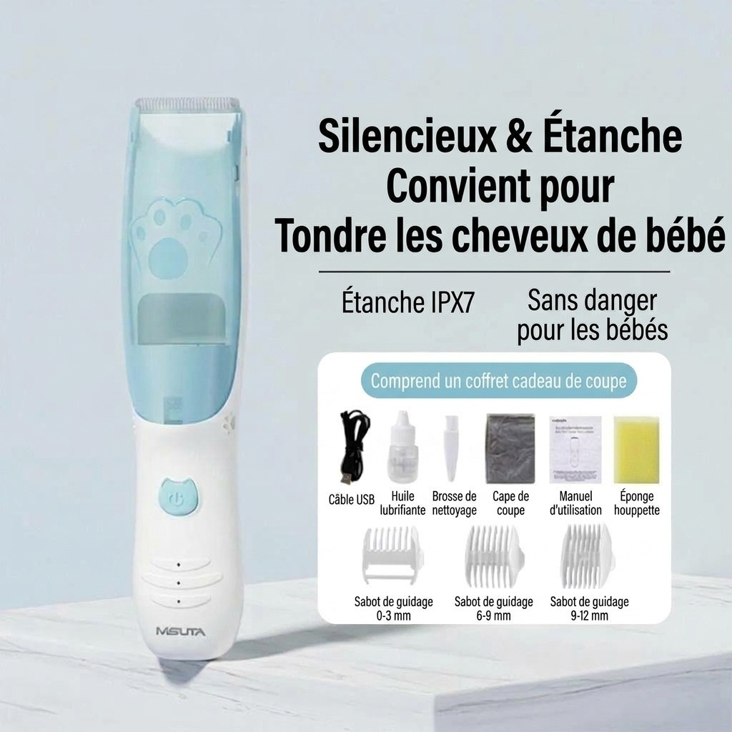 Tondeuse à cheveux pour bébé MISUTA Cute Cat à double moteur avec aspirateur intégré, silencieuse, étanche et sans fil, kit de toilettage pour nourrissons