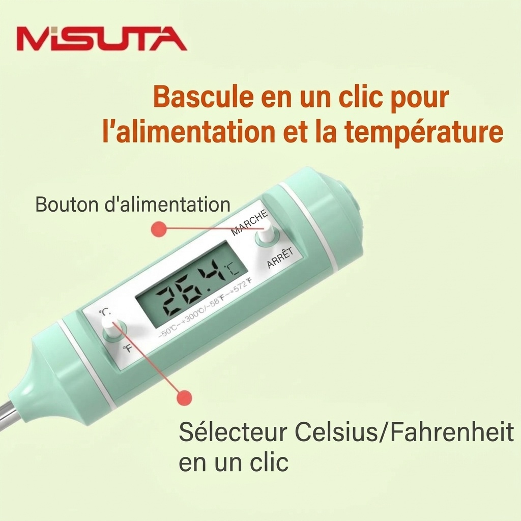 Thermomètre de cuisine numérique MISUTA, thermomètre à lecture instantanée pour le lait et les aliments de bébé, avec sonde et écran LCD, vert macaron.