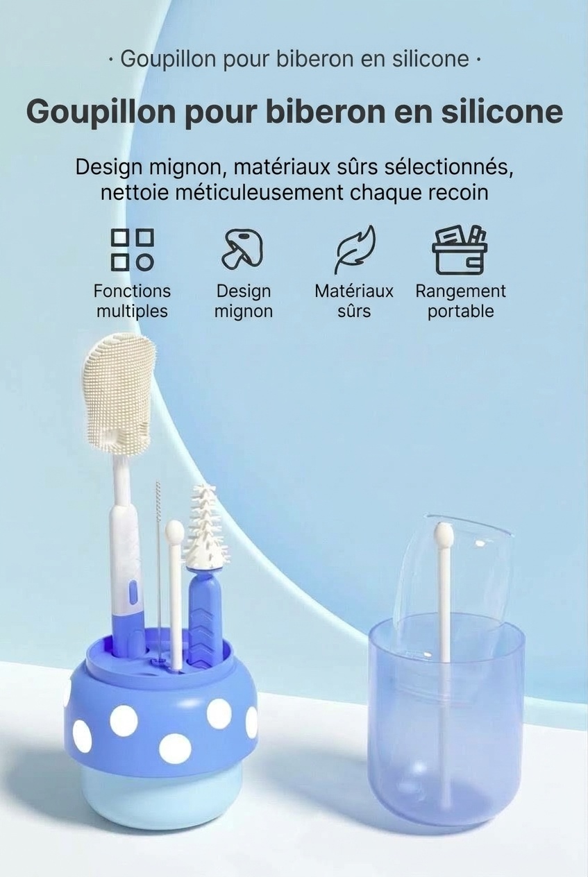 Ensemble de 5 brosses de nettoyage en silicone pour biberons MISUTA avec égouttoir, embout multifonctionnel pour tétine et paille, et support pour brosse à biberon