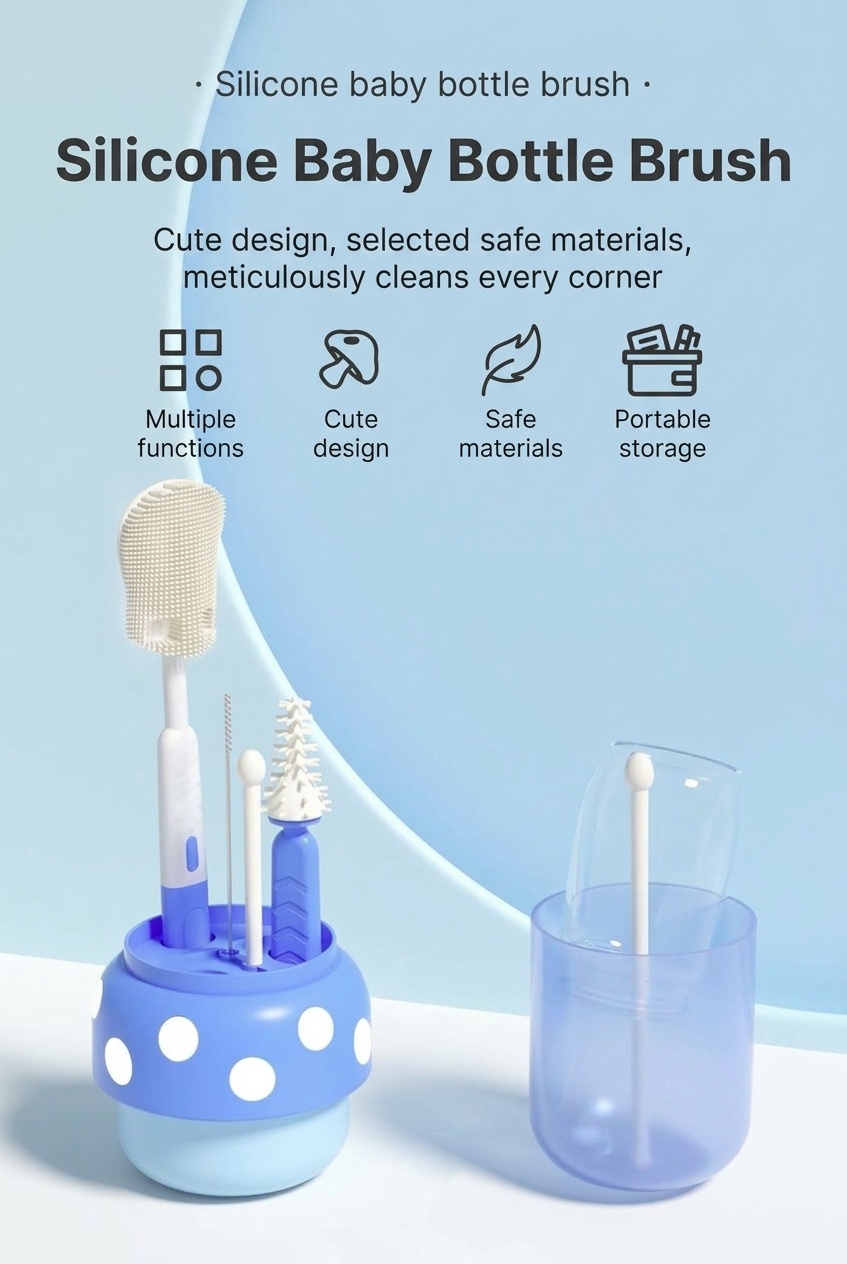 Set di 5 spazzolini in silicone per la pulizia dei biberon MISUTA con supporto per l'asciugatura, spazzolino multifunzionale per tettarelle, cannucce e biberon.