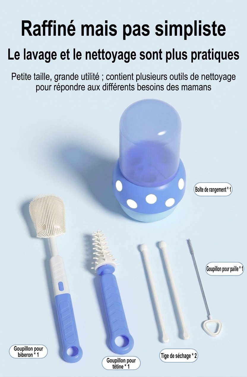 Ensemble de 5 brosses de nettoyage en silicone pour biberons MISUTA avec égouttoir, embout multifonctionnel pour tétine et paille, et support pour brosse à biberon