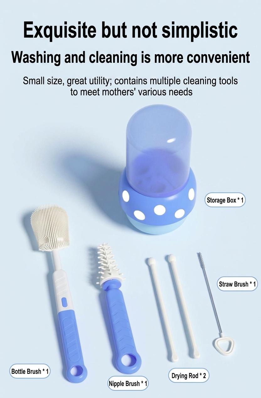 Set di 5 spazzolini in silicone per la pulizia dei biberon MISUTA con supporto per l'asciugatura, spazzolino multifunzionale per tettarelle, cannucce e biberon.