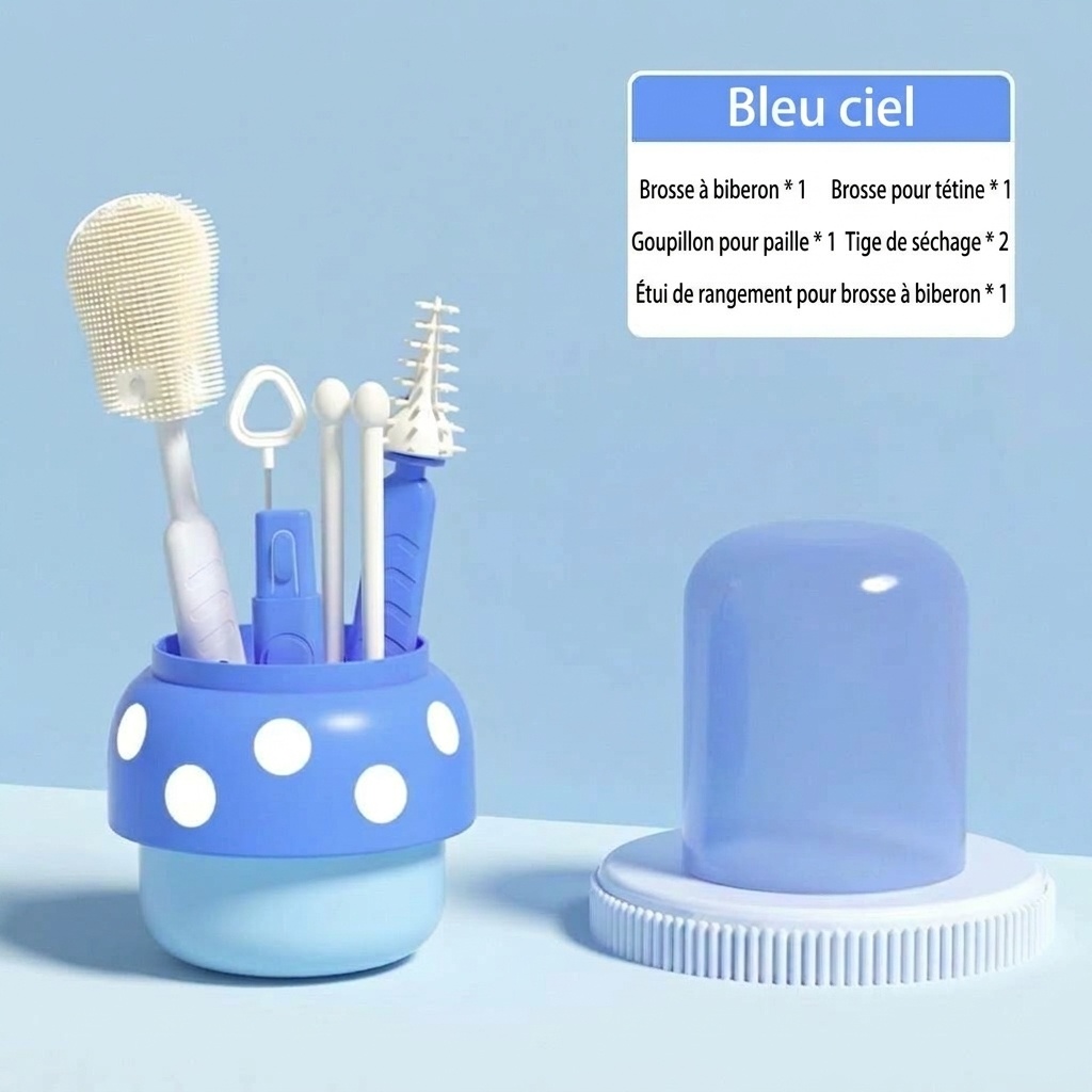 Ensemble de 5 brosses de nettoyage en silicone pour biberons MISUTA avec égouttoir, embout multifonctionnel pour tétine et paille, et support pour brosse à biberon