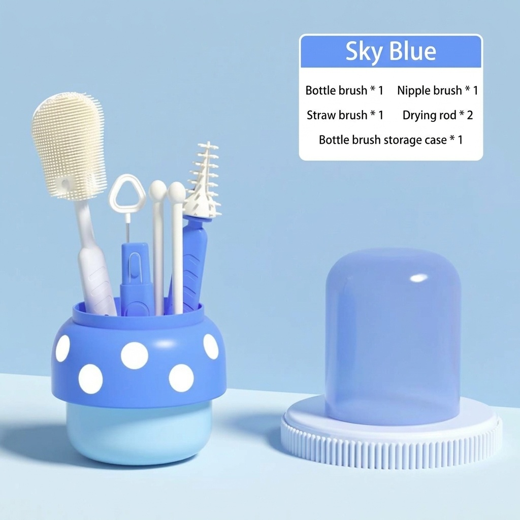 Set di 5 spazzolini in silicone per la pulizia dei biberon MISUTA con supporto per l'asciugatura, spazzolino multifunzionale per tettarelle, cannucce e biberon.