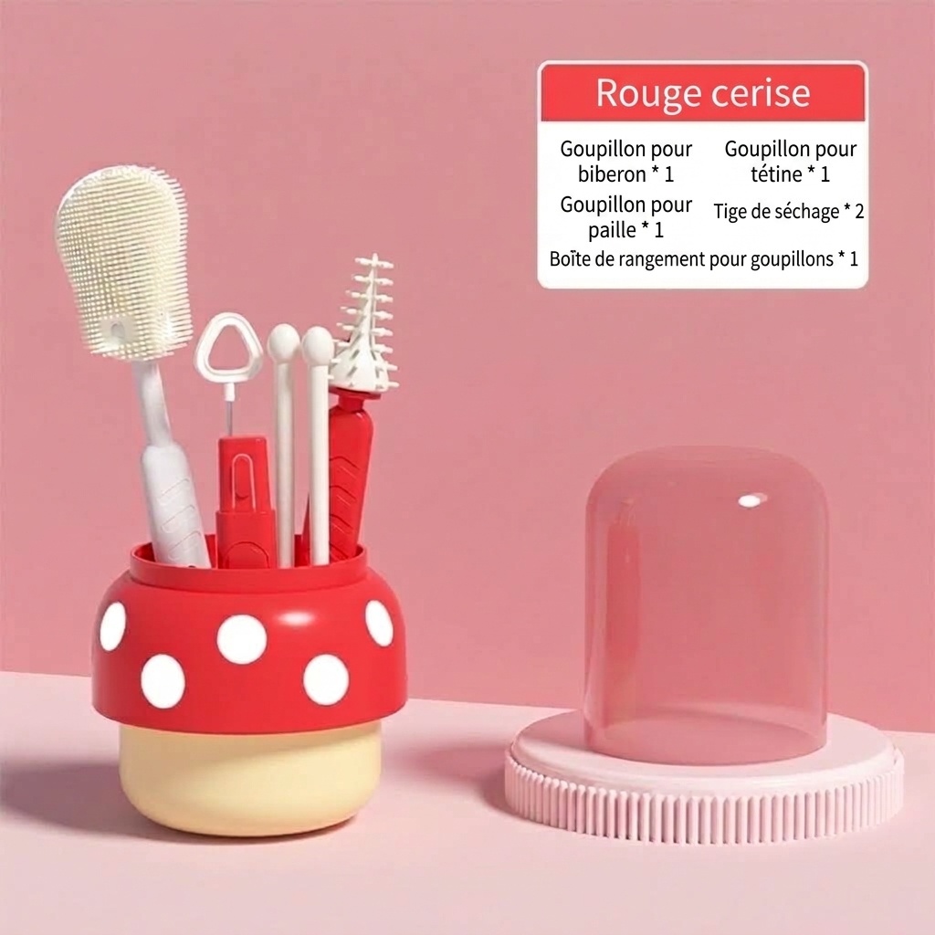 Ensemble de 5 brosses de nettoyage en silicone pour biberons MISUTA avec égouttoir, embout multifonctionnel pour tétine et paille, et support pour brosse à biberon