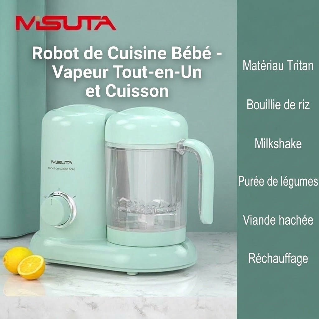 Robot culinaire 3 en 1 MISUTA pour bébé&nbsp;: cuiseur vapeur compact, mixeur et mixeur, avec bol en Tritan sans BPA et réservoir en acier inoxydable.
