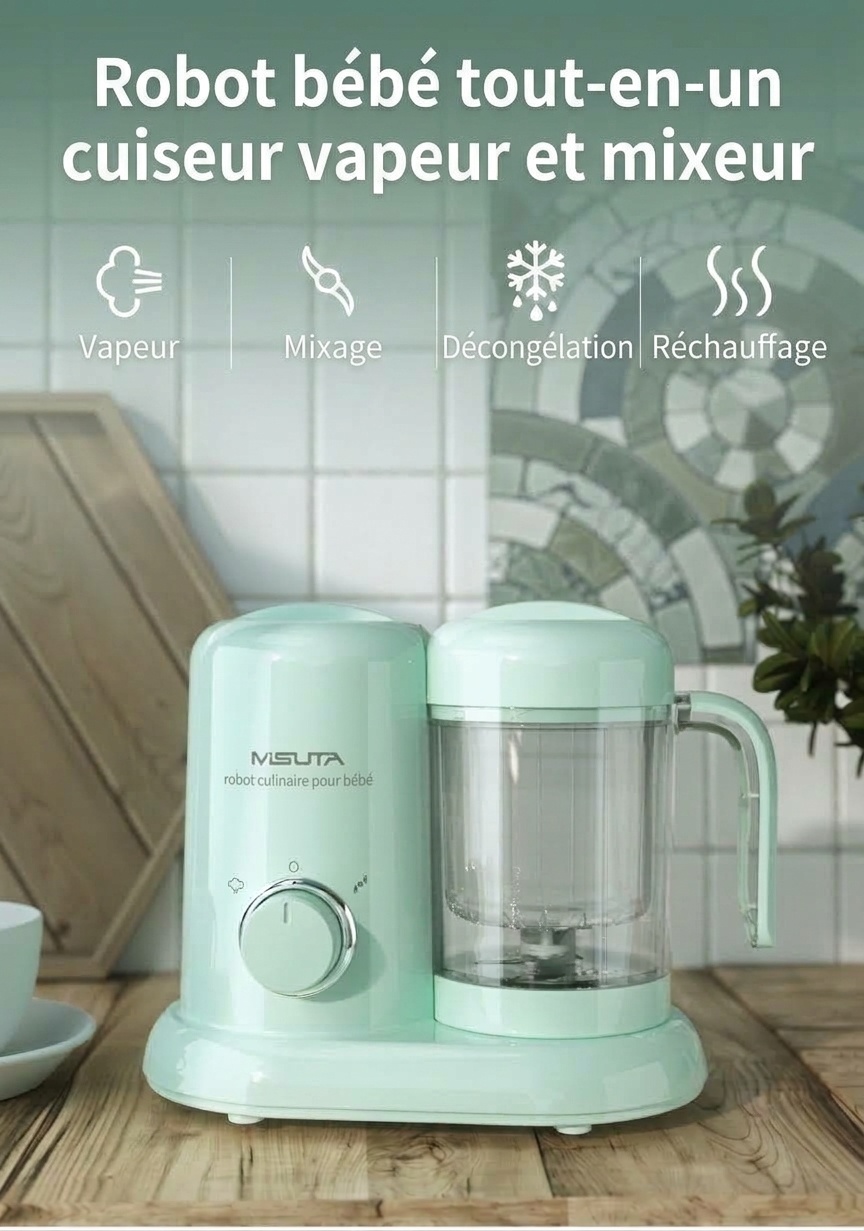 Robot culinaire 3 en 1 MISUTA pour bébé&nbsp;: cuiseur vapeur compact, mixeur et mixeur, avec bol en Tritan sans BPA et réservoir en acier inoxydable.