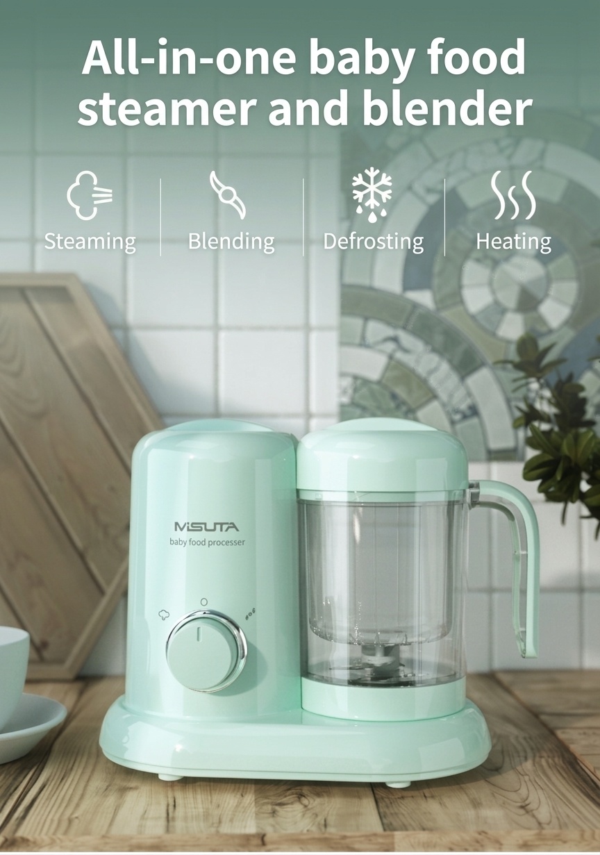 MISUTA Robot da cucina 3 in 1 per pappe, vaporiera compatta, frullatore e omogeneizzatore con tazza in Tritan senza BPA e serbatoio in acciaio inox