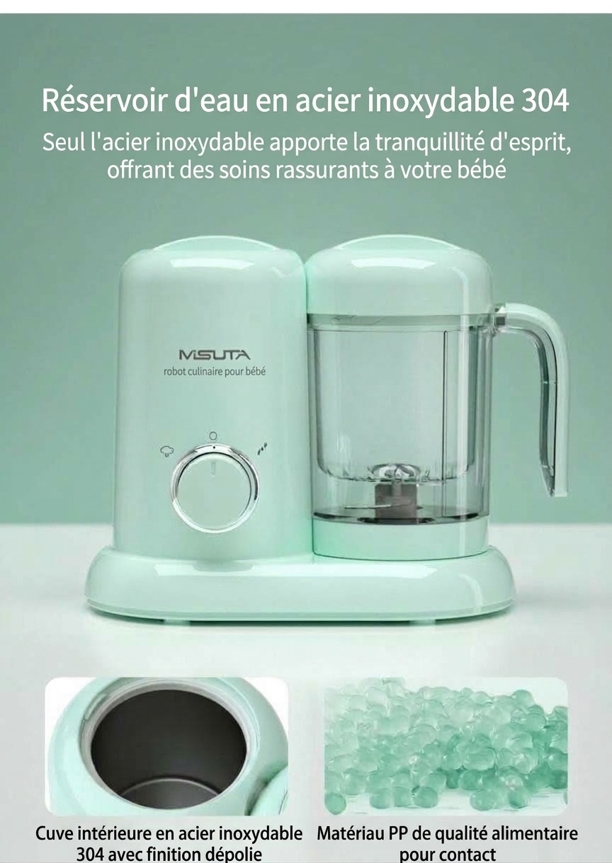 Robot culinaire 3 en 1 MISUTA pour bébé&nbsp;: cuiseur vapeur compact, mixeur et mixeur, avec bol en Tritan sans BPA et réservoir en acier inoxydable.