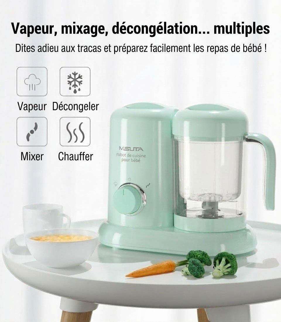 Robot culinaire 3 en 1 MISUTA pour bébé : cuiseur vapeur compact, mixeur et mixeur, avec bol en Tritan sans BPA et réservoir en acier inoxydable.
