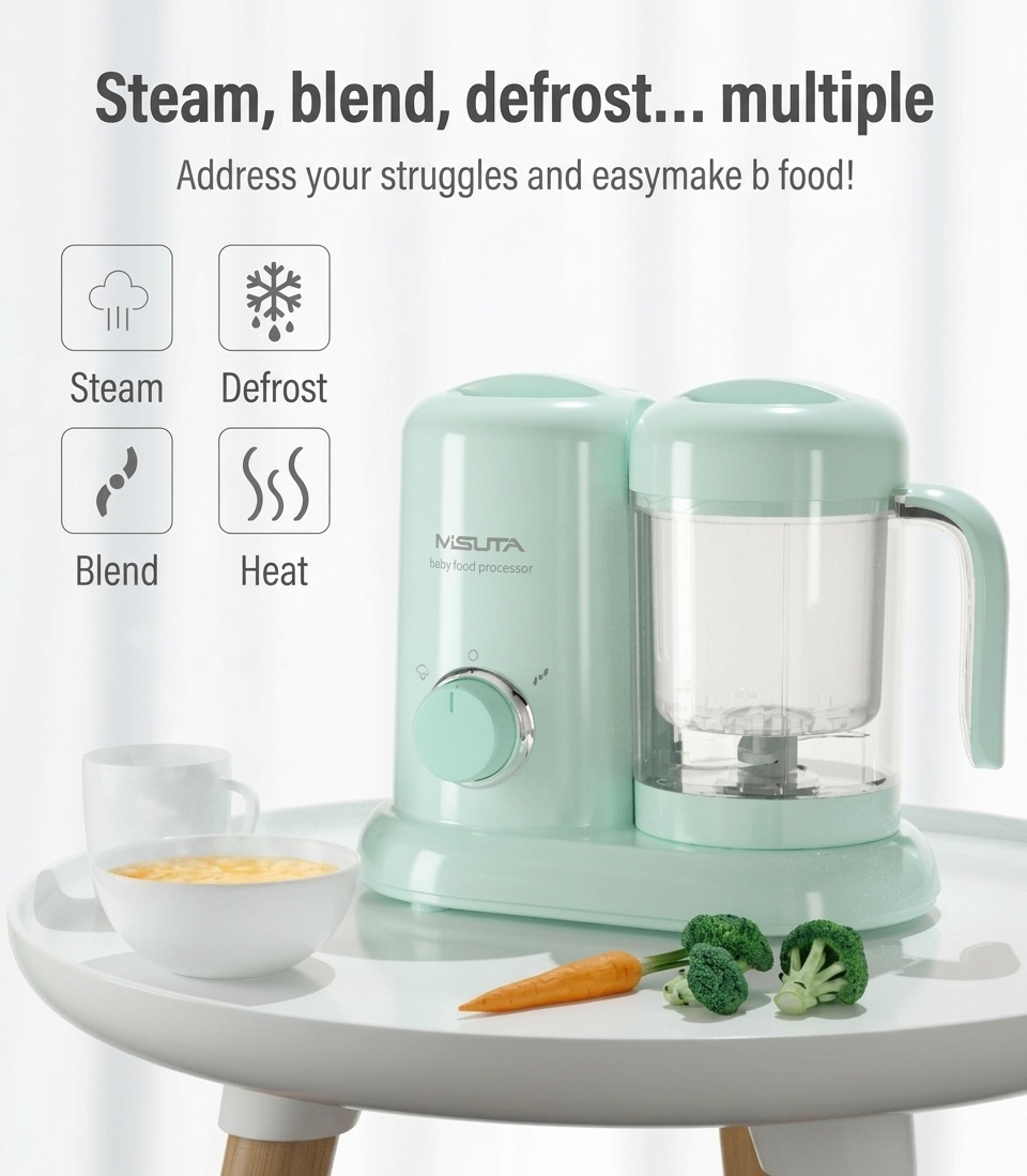 MISUTA Robot da cucina 3 in 1 per pappe, vaporiera compatta, frullatore e omogeneizzatore con tazza in Tritan senza BPA e serbatoio in acciaio inox