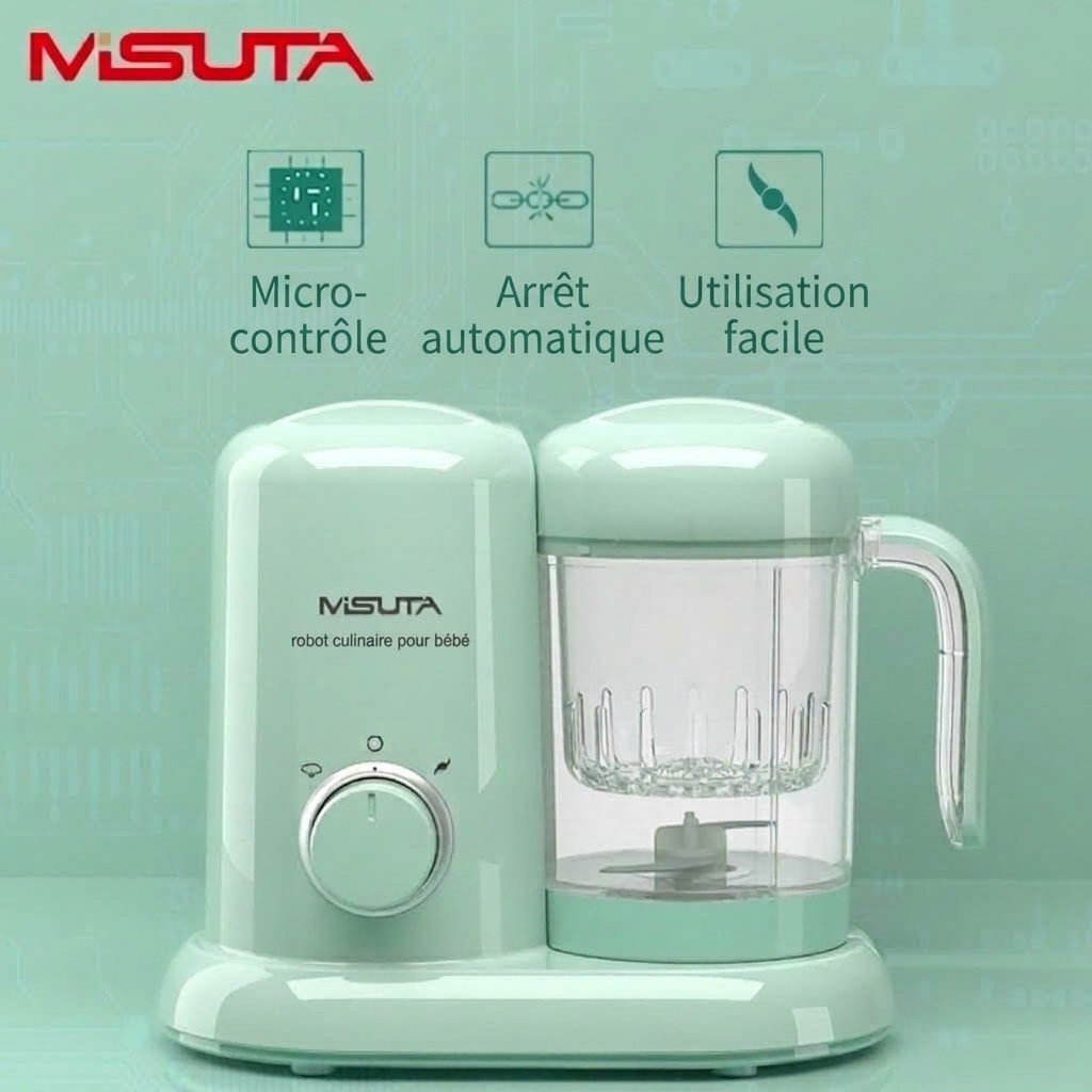 Robot culinaire 3 en 1 MISUTA pour bébé&nbsp;: cuiseur vapeur compact, mixeur et mixeur, avec bol en Tritan sans BPA et réservoir en acier inoxydable.