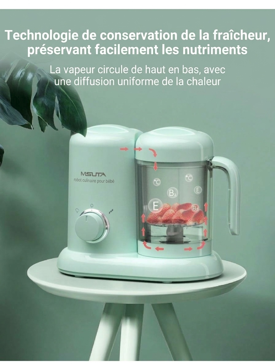 Robot culinaire 3 en 1 MISUTA pour bébé&nbsp;: cuiseur vapeur compact, mixeur et mixeur, avec bol en Tritan sans BPA et réservoir en acier inoxydable.