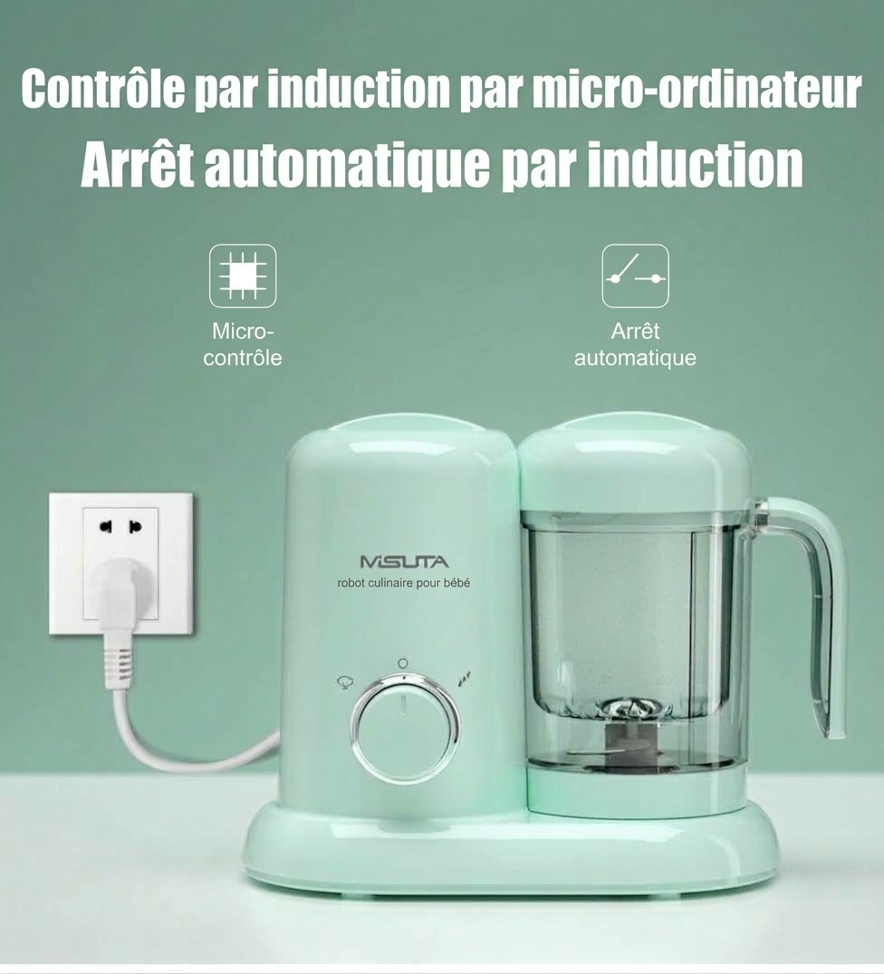 Robot culinaire 3 en 1 MISUTA pour bébé&nbsp;: cuiseur vapeur compact, mixeur et mixeur, avec bol en Tritan sans BPA et réservoir en acier inoxydable.