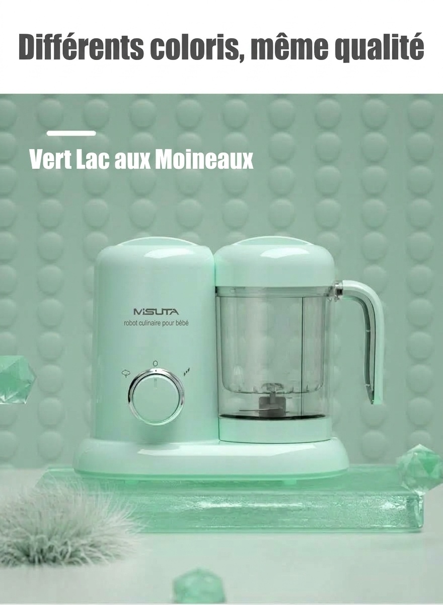 Robot culinaire 3 en 1 MISUTA pour bébé&nbsp;: cuiseur vapeur compact, mixeur et mixeur, avec bol en Tritan sans BPA et réservoir en acier inoxydable.