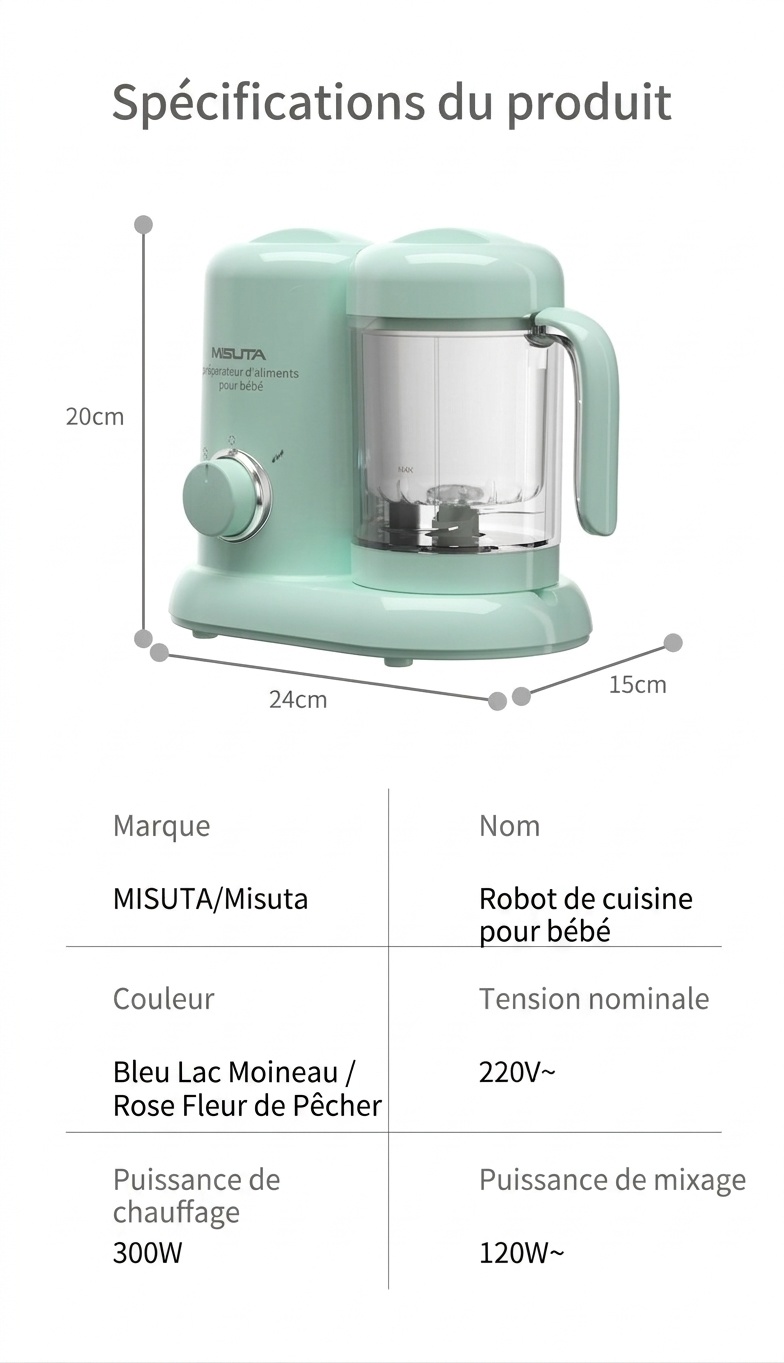 Robot culinaire 3 en 1 MISUTA pour bébé&nbsp;: cuiseur vapeur compact, mixeur et mixeur, avec bol en Tritan sans BPA et réservoir en acier inoxydable.