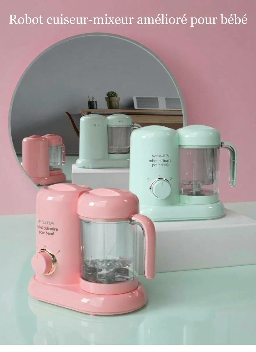 Robot culinaire 3 en 1 MISUTA pour bébé&nbsp;: cuiseur vapeur compact, mixeur et mixeur, avec bol en Tritan sans BPA et réservoir en acier inoxydable.