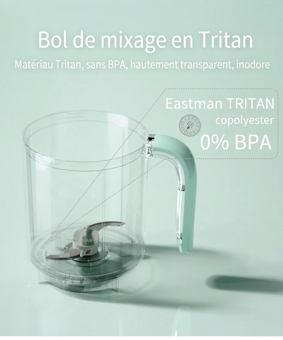Robot culinaire 3 en 1 MISUTA pour bébé&nbsp;: cuiseur vapeur compact, mixeur et mixeur, avec bol en Tritan sans BPA et réservoir en acier inoxydable.