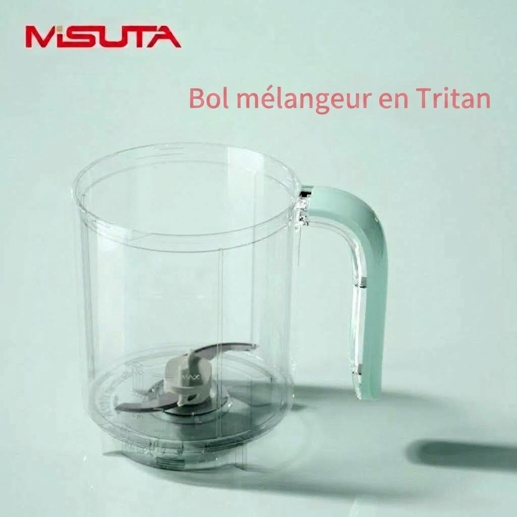 Robot culinaire 3 en 1 MISUTA pour bébé&nbsp;: cuiseur vapeur compact, mixeur et mixeur, avec bol en Tritan sans BPA et réservoir en acier inoxydable.