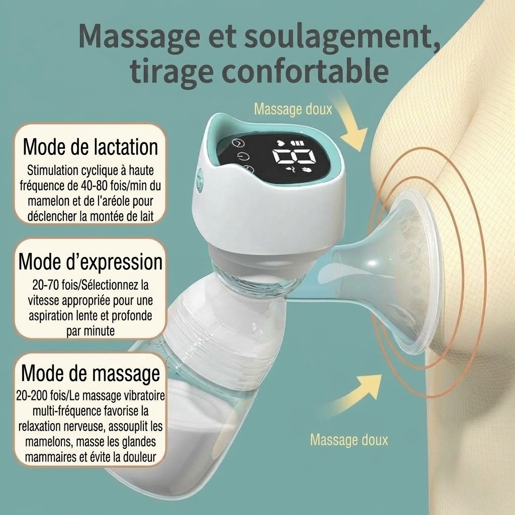 Tire-lait électrique sans fil MISUTA, tire-lait portable mains libres avec modes massage doux et expression, biberon de 180 ml