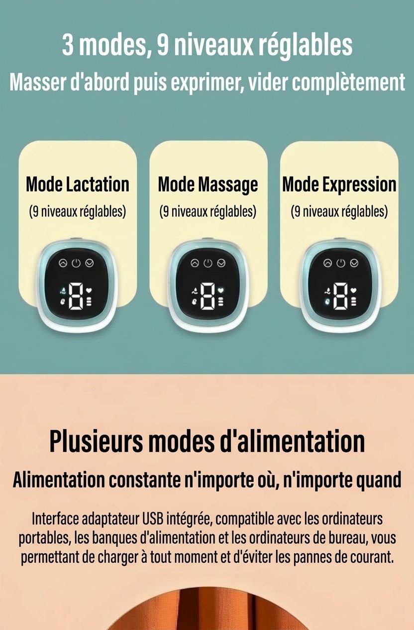Tire-lait électrique sans fil MISUTA, tire-lait portable mains libres avec modes massage doux et expression, biberon de 180 ml