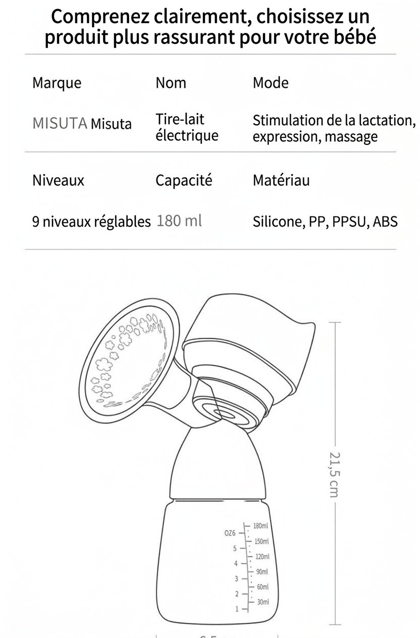 Tire-lait électrique sans fil MISUTA, tire-lait portable mains libres avec modes massage doux et expression, biberon de 180 ml