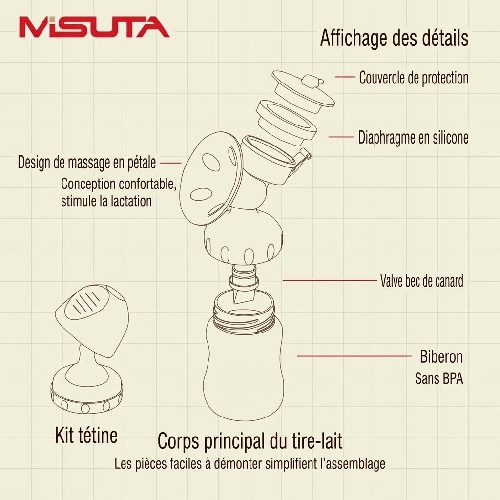 Tire-lait électrique MISUTA, tire-lait simple à 9 niveaux d'aspiration réglable avec système anti-reflux, alimenté par USB (150 ml)