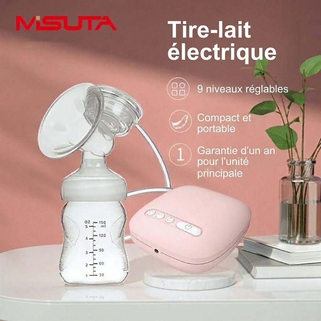 Tire-lait électrique MISUTA, tire-lait simple à 9 niveaux d'aspiration réglable avec système anti-reflux, alimenté par USB (150 ml)