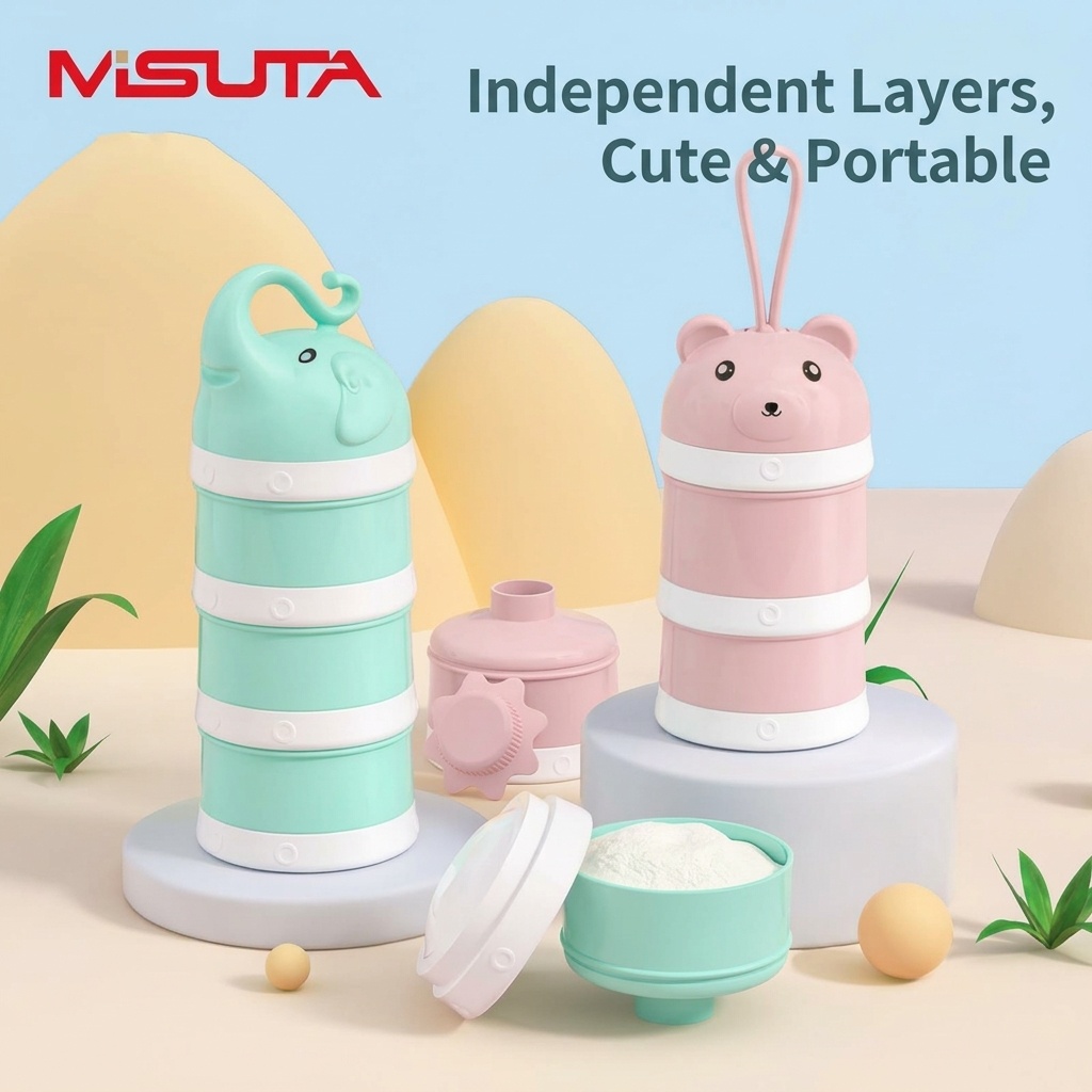 Dispenser impilabile per latte artificiale MISUTA, contenitore portatile a 3 livelli per latte in polvere e snack con beccuccio a imbuto.