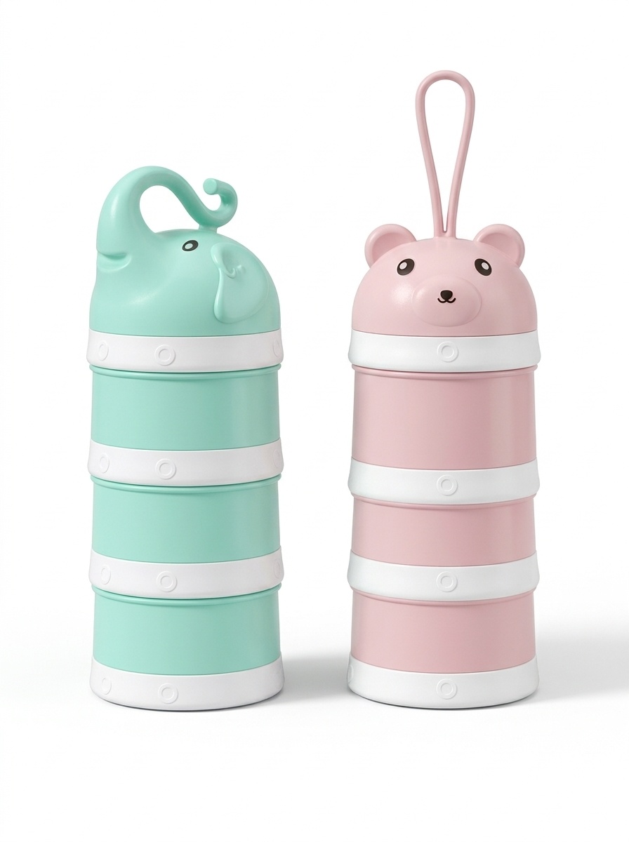 Dispenser impilabile per latte artificiale MISUTA, contenitore portatile a 3 livelli per latte in polvere e snack con beccuccio a imbuto.