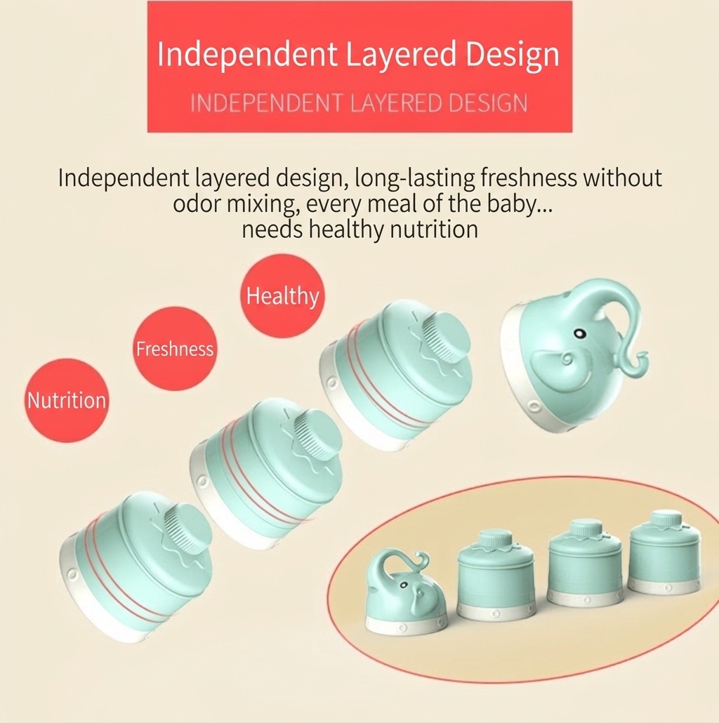 Dispenser impilabile per latte artificiale MISUTA, contenitore portatile a 3 livelli per latte in polvere e snack con beccuccio a imbuto.