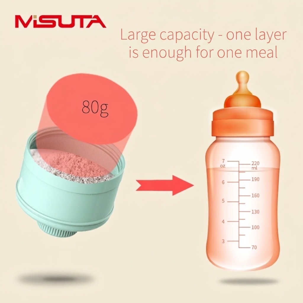 Dispenser impilabile per latte artificiale MISUTA, contenitore portatile a 3 livelli per latte in polvere e snack con beccuccio a imbuto.