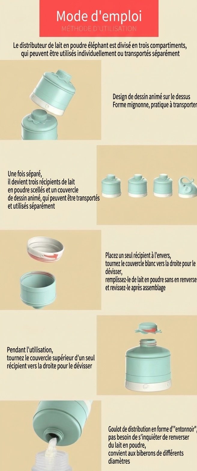 Distributeur de lait infantile empilable MISUTA, récipient portable à 3 niveaux pour lait en poudre et collations avec bec verseur en forme d'entonnoir