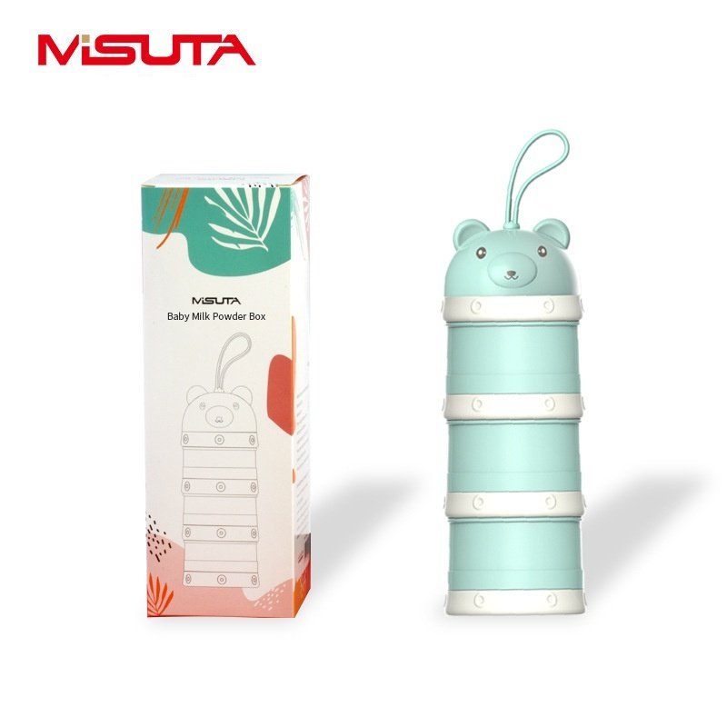 Dispenser impilabile per latte artificiale MISUTA, contenitore portatile a 3 livelli per latte in polvere e snack con beccuccio a imbuto.