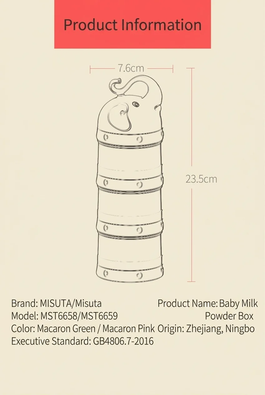 Dispenser impilabile per latte artificiale MISUTA, contenitore portatile a 3 livelli per latte in polvere e snack con beccuccio a imbuto.
