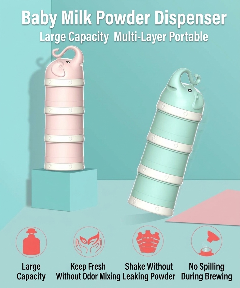 Dispenser impilabile per latte artificiale MISUTA, contenitore portatile a 3 livelli per latte in polvere e snack con beccuccio a imbuto.