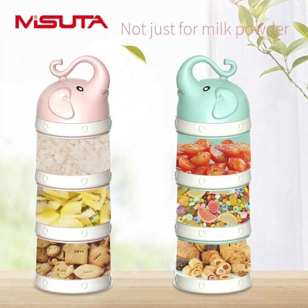 Dispenser impilabile per latte artificiale MISUTA, contenitore portatile a 3 livelli per latte in polvere e snack con beccuccio a imbuto.