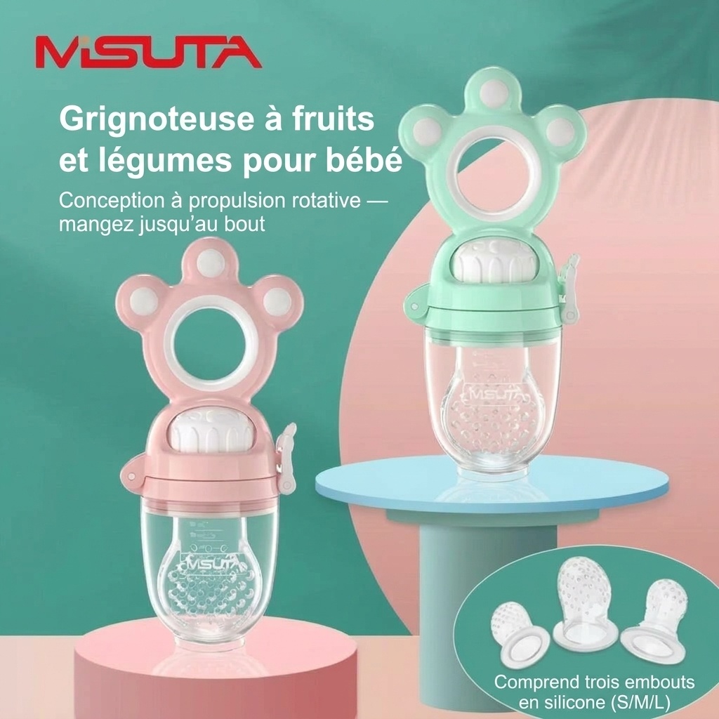 Tétine-aliments pour bébé MISUTA Push-Up, en silicone sans BPA, avec 3 sachets de rechange.