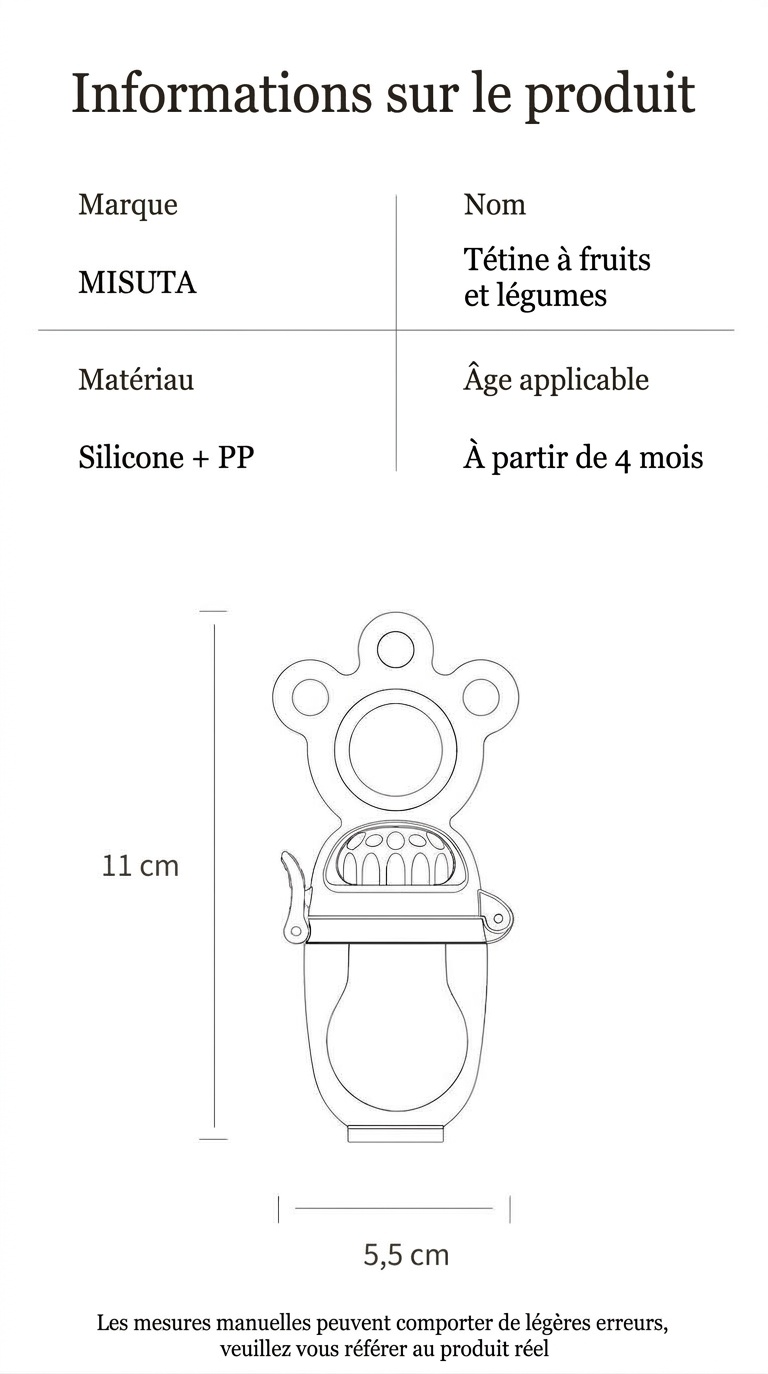 Tétine-aliments pour bébé MISUTA Push-Up, en silicone sans BPA, avec 3 sachets de rechange.