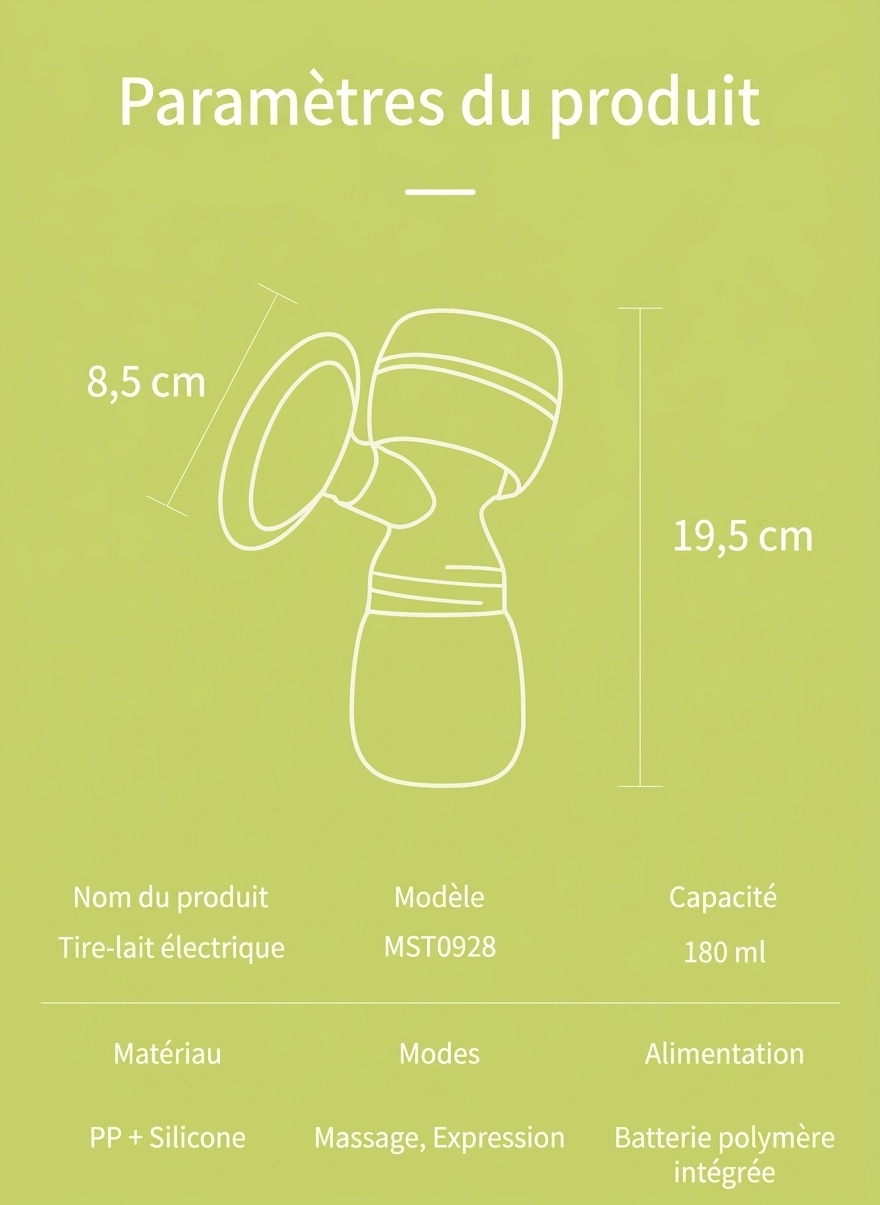 Tire-lait électrique portable sans fil MISUTA, 180 ml, mains libres, avec modes massage et expression, batterie 1200 mAh