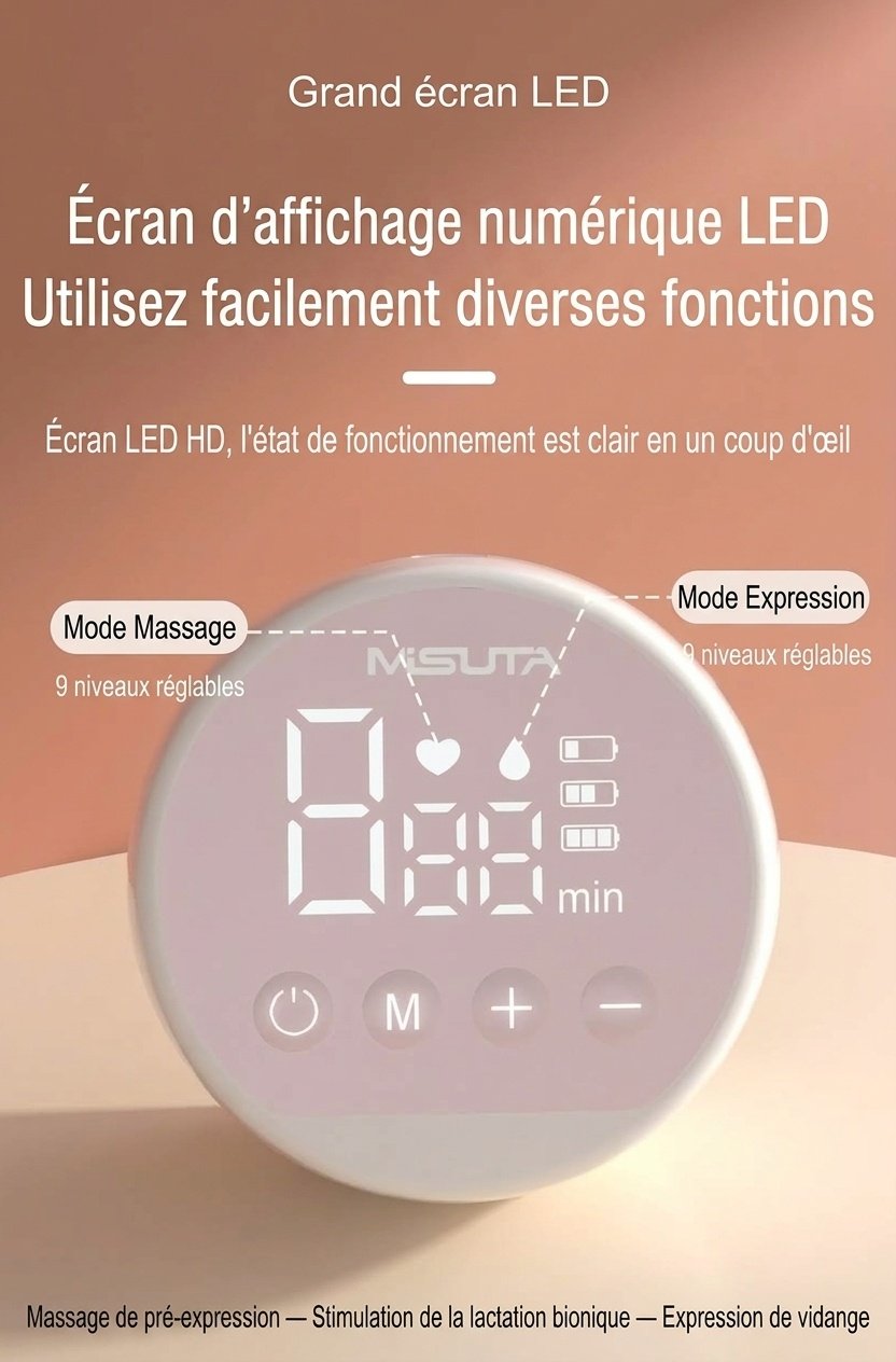 Tire-lait électrique portable sans fil MISUTA, 180 ml, mains libres, avec modes massage et expression, batterie 1200 mAh