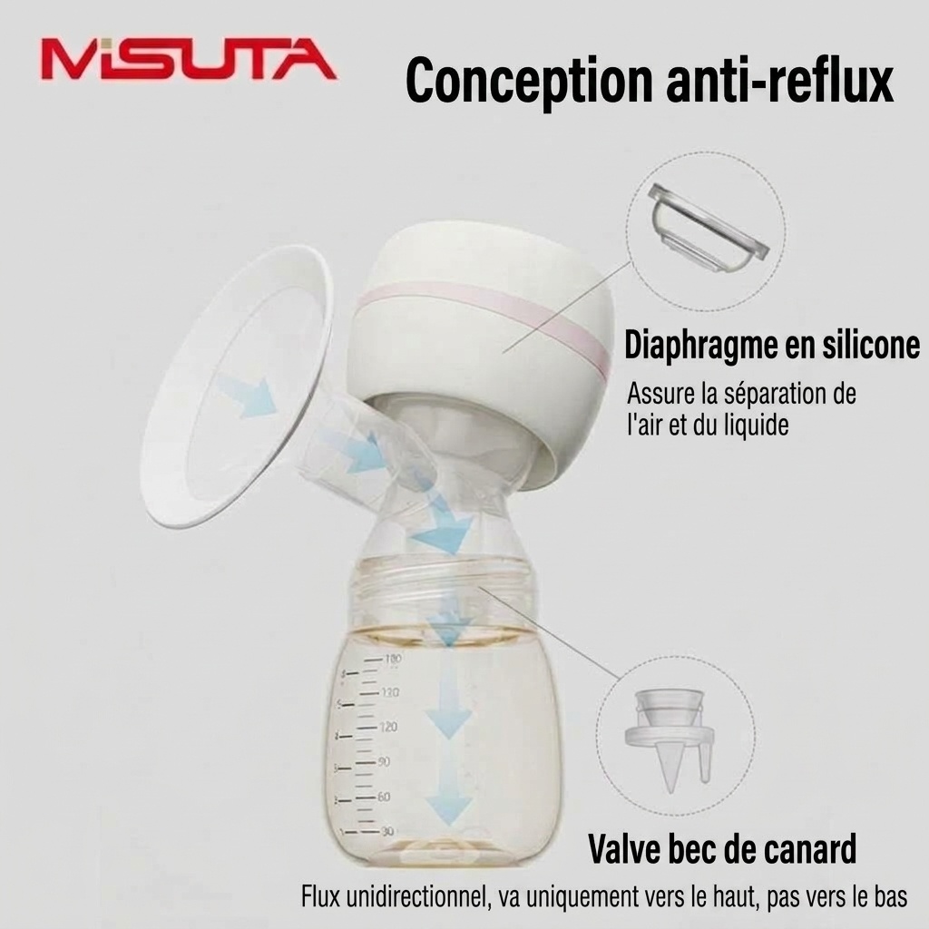 Tire-lait électrique portable sans fil MISUTA, 180 ml, mains libres, avec modes massage et expression, batterie 1200 mAh