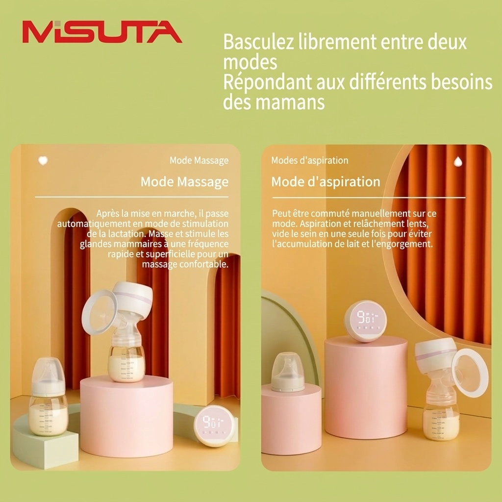 Tire-lait électrique portable sans fil MISUTA, 180 ml, mains libres, avec modes massage et expression, batterie 1200 mAh