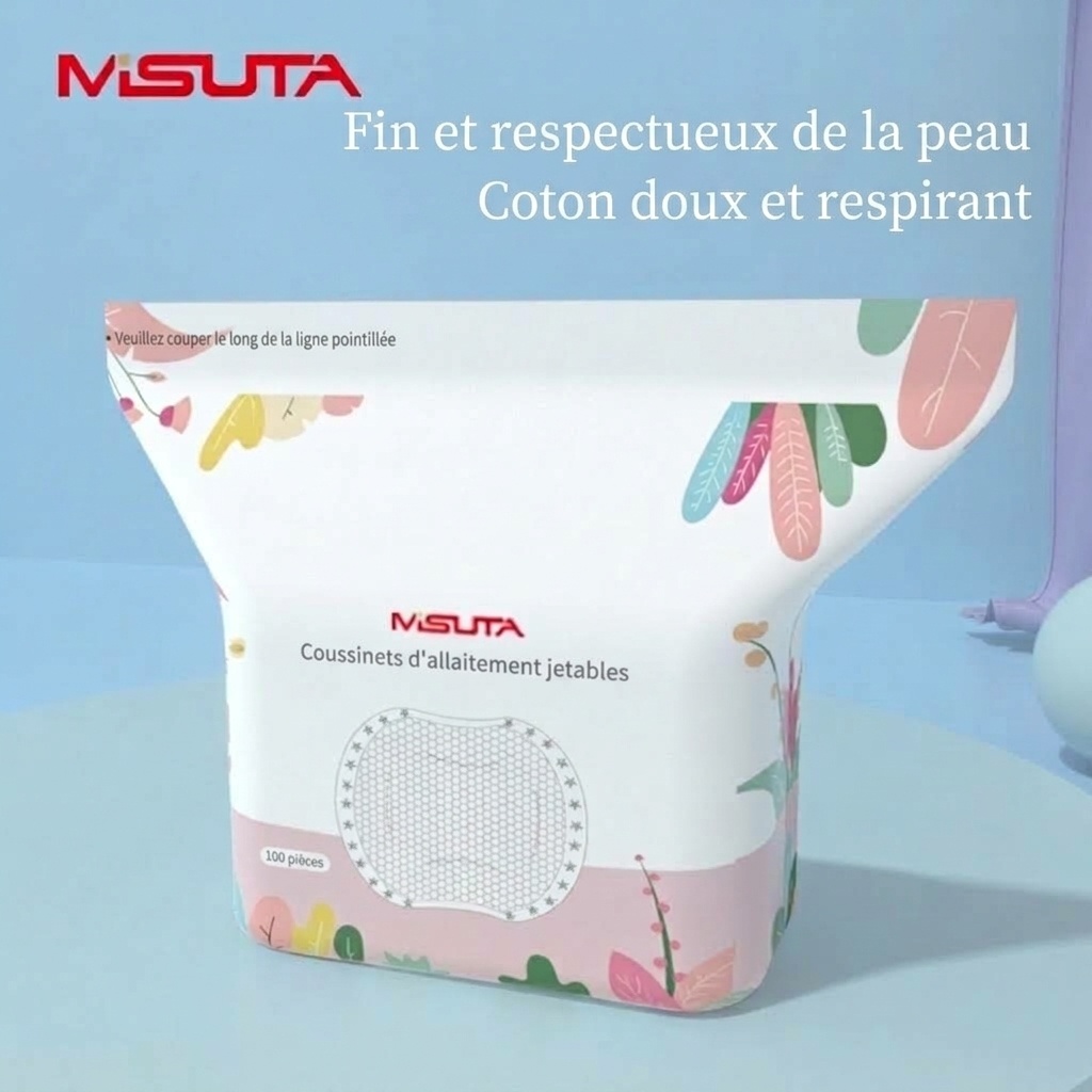 Coussinets d'allaitement jetables ultra-fins MISUTA, paquet de 100, respirants et dotés d'un noyau absorbant alvéolé anti-fuites.