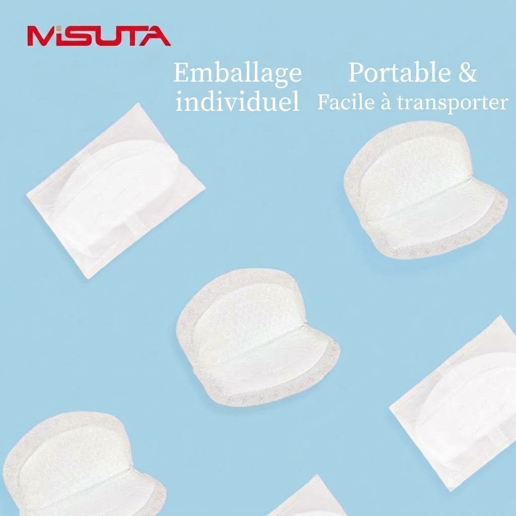 Coussinets d'allaitement jetables ultra-fins MISUTA, paquet de 100, respirants et dotés d'un noyau absorbant alvéolé anti-fuites.